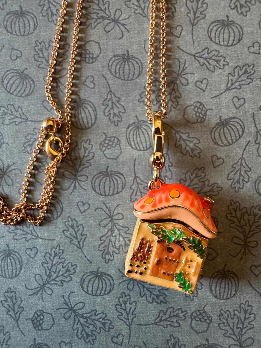 18K Gold Orange Mushroom House Cottagecore Pendant Locket Necklace - Picture 5 of 10